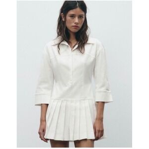 Zara White Denim Pleated Skort Dress Mini Romper Collared 3/4 Sleeve Small